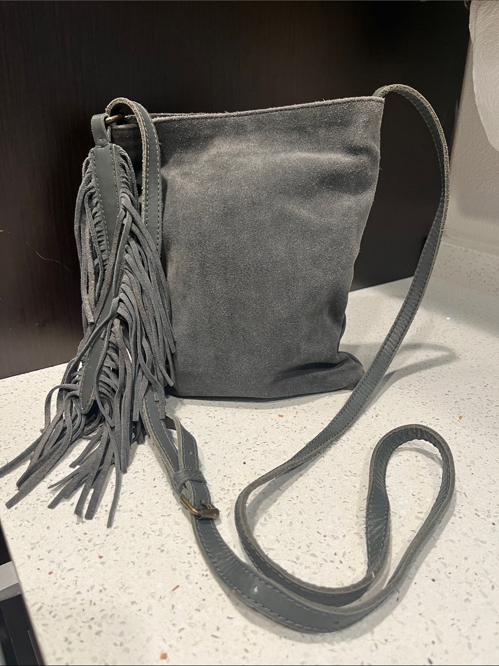 Lucky Brand Gray Suede Fringe Crossbody Bag Canvas Back